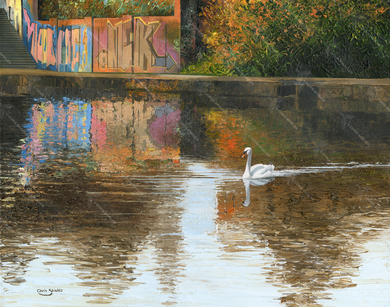 Painting of Graffiti on a Manchester Canal